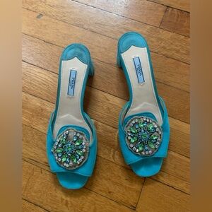 Prada Turquoise Embellished Slide Sandals
